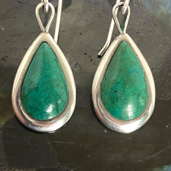 Sterling Silver 925 Southwest Style Chrysocolla Teardrop Dangle Drop Earrings - Picture 7 of 16